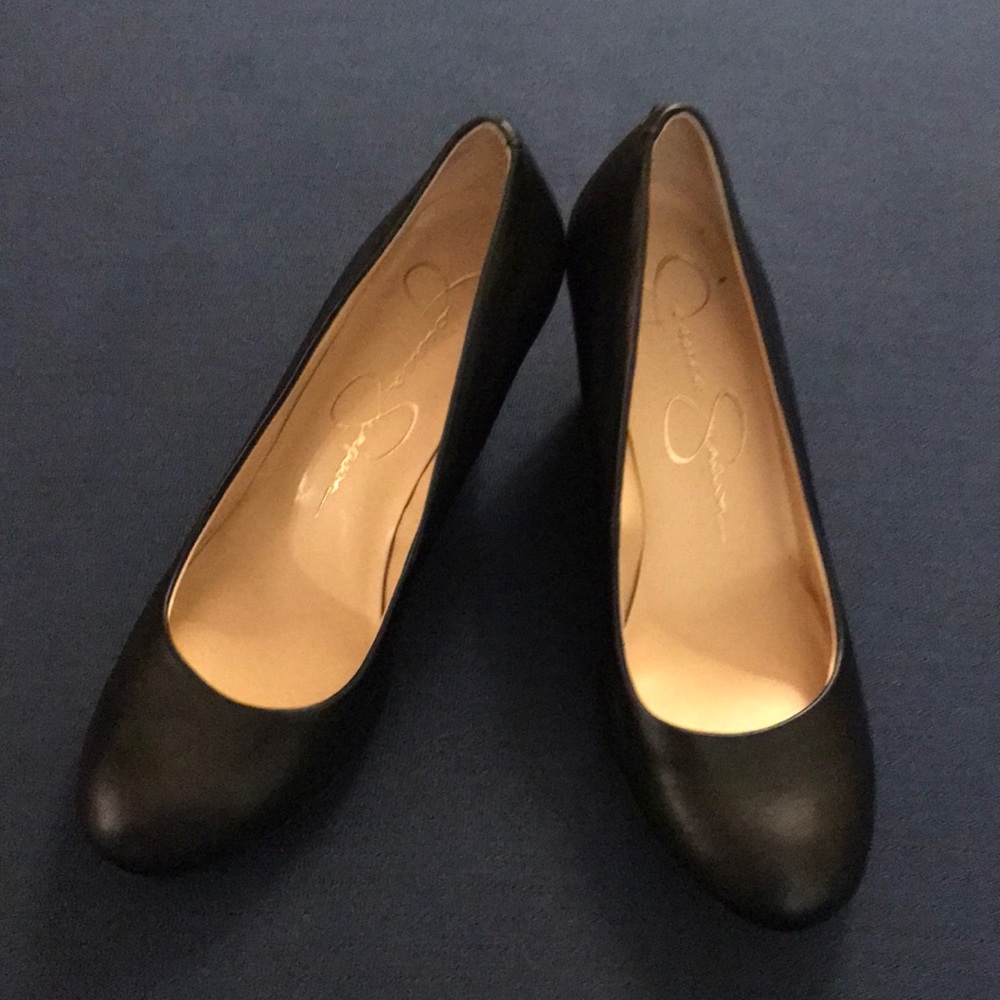 Jessica Simpson faux leather black wedges